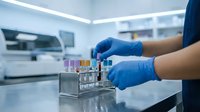 Laboratory technician in blue gloves handling test tubes with colorful samples in modern medical research facility for scientific analysis and diagnostics.