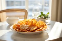 Golden crispy potato chips arranged on white plate in bright kitchen setting with natural sunlight streaming through window creating warm atmosphere.