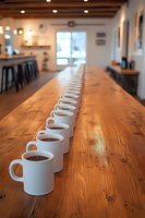 Row of white coffee cups lined up on wooden table in modern cafe interior for coffee tasting or cupping session evaluation.