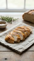 Sliced roasted chicken breast arranged on linen cloth with fresh herbs, bread, and sauce bowl on rustic wooden table near window for food styling and culinary content.