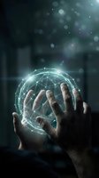 Hands holding glowing digital globe with interconnected network lines, representing global connectivity, technology innovation, and worldwide communication for business solutions.