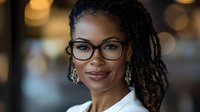 Professional African American businesswoman with glasses and dreadlocks smiling confidently in modern office environment with warm bokeh lighting.