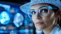 Young Caucasian businesswoman wearing glasses in futuristic office environment with blue neon lights and digital displays, looking forward with confident expression.