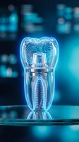 Digital tooth with circuit patterns and neon glow representing modern dental technology and smart healthcare innovation on futuristic blue background.