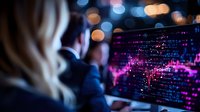Professional analyzing digital data visualization on screen with pink and purple graphs, blurred bokeh lights background, modern office workplace monitoring.