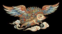 Flying rat with ornate folk art wings and cloud motifs, isolated on transparent background. Great for stickers, t-shirt design, print on demand, and sublimation crafts.