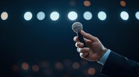 Male hand in business suit holding microphone against blurred stage lights background, dramatic performance atmosphere for public speaking and entertainment events.