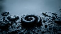 Dark millipede coiled in defensive spiral position on wet forest floor with rocks and debris in moody atmospheric lighting for nature photography.