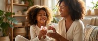 Two women with curly hair, one appearing to be of African descent and one of mixed ethnicity, sit together in a bright living room holding a small house model, smiling warmly while discussing real estate or home ownership plans.