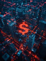 Aerial view of glowing dollar symbol amid dark cityscape with neon orange accents and skyscrapers, representing financial district and digital economy concept.