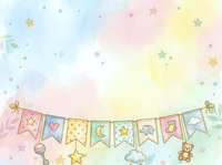 Pastel watercolor nursery background with bunting banner featuring hearts, stars, moon and teddy bear designs, scattered stars and clouds, ideal for baby shower invitations, greeting cards and children's room decor.
