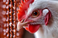 Close up macro shot of white rooster head showing detailed red comb, wattles and bright orange eye against blurred background. Vibrant farm animal portrait.
