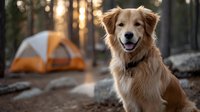 Happy golden retriever dog sitting at forest campsite with orange tent in background during golden hour sunset for outdoor adventure and pet travel.