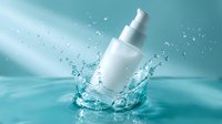 White cosmetic spray bottle splashing in turquoise water with dynamic liquid droplets, ideal for skincare, beauty product marketing, and wellness advertising campaigns.