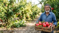 Mature male farmer with gray beard wearing blue shirt and straw hat holding wooden crate of fresh red apples in orchard during harvest season, agricultural produce and farming concept.