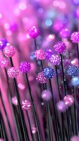 Magical glowing spheres on dark stems against pink and purple bokeh background create dreamy garden atmosphere for fantasy designs and decorative projects.