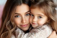 Young mother and daughter with blue eyes and long brown wavy hair share tender moment together, close-up portrait showing loving bond and gentle smiles.