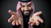 Middle Eastern man in traditional keffiyeh headdress showing open palms gesture against dark background, expressing welcome and hospitality with genuine smile.