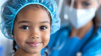 Young African American girl wearing blue surgical cap smiles warmly at camera while healthcare worker in scrubs and mask stands in background. Medical setting.
