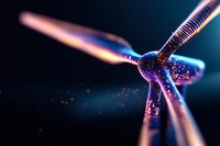 Futuristic wind turbine with digital particle effect glowing in purple and blue hues against dark background, representing renewable energy technology.