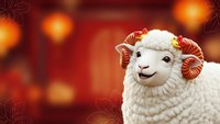White ram with curved horns on warm orange background with bokeh lights for holiday greeting cards and seasonal marketing materials.