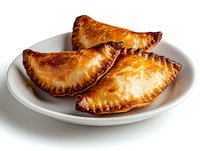 Golden-brown baked empanadas with crimped edges served on white ceramic plate, showcasing flaky pastry and caramelized crust for food photography and menu design.