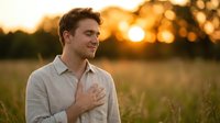 Man in casual shirt standing in rural field at golden hour sunset, hand on chest, looking contemplative outdoors.