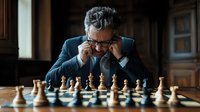 Mature Caucasian businessman in suit contemplating chess strategy, focused on game pieces while sitting at wooden table in dark classic interior.