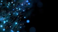 Glowing blue circuit paths and bokeh lights on dark background create futuristic technology network visualization for business and tech concepts.