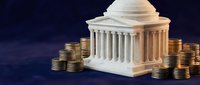 Classical government building with columns surrounded by golden coins representing financial policy and economic stability on dark blue background.
