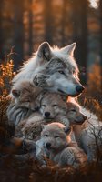 White wolf with cubs nestled together in autumn forest at sunset, warm golden light illuminating their fur against dark woodland backdrop.