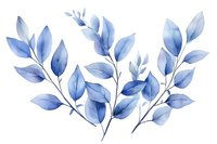 Delicate watercolor blue leaves arrangement with translucent botanical elements on white background, perfect for wedding invitations and stationery design.