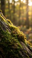 Moss covered fallen log in forest with golden sunlight filtering through trees creating warm bokeh background for nature and environmental concepts.