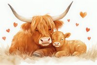 Adorable highland cow mother and calf cuddling together surrounded by floating hearts, illustrated in warm orange and brown watercolor tones on soft textured background.