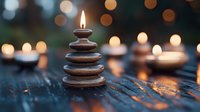 Burning candle on balanced zen stones with blurred warm lights in background creates peaceful spa atmosphere on dark wooden surface.