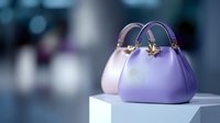 Elegant purple and pink leather handbags with gold butterfly clasps displayed on white pedestal against blurred background. Luxury fashion accessories for retail.