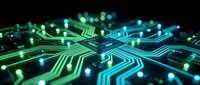 Futuristic circuit board with glowing green and blue pathways, electronic connections and light nodes creating digital technology background for tech concepts.