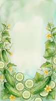 Watercolor cucumber and lemon botanical frame with yellow flowers and green foliage on isolated white background, ready for recipe cards, menus, and culinary designs.