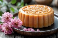 Traditional mooncake with ornate pattern served on wooden plate with pink cherry blossoms, celebrating Asian mid-autumn festival and cultural heritage.