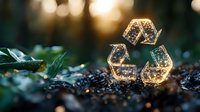 Glowing recycle symbol made of glass shards on dark soil with green leaves and bokeh lights, environmental conservation concept for sustainable future.