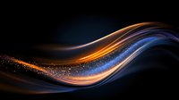Dynamic flowing waves of orange and blue light with sparkling particles create abstract motion effect against dark background. Suitable for modern tech designs.