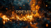 Glowing premium text emerging from fiery sparks and embers against dark background, dramatic lighting effect creates luxury atmosphere for business presentations.