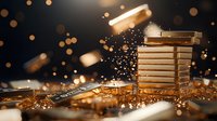 Stack of golden books with magical glowing particles and sparkles floating in dark atmosphere, creating mystical literary ambiance for fantasy and education concepts.