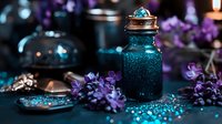 Magical turquoise glitter spilled around vintage glass bottle with crystal lid, surrounded by purple lilac flowers on dark background. Mystical potion styling.