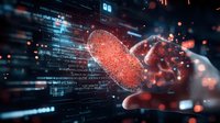 Digital fingerprint scan with red glowing particles and binary code streams in dark background, representing cybersecurity and biometric authentication technology.