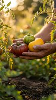 Farmer hands holding fresh heirloom tomatoes in garden with warm sunlight and bokeh background for organic farming and harvest concepts.