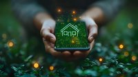 Glowing green house icon floating above smartphone held in hands against dark nature background with magical bokeh lights and foliage, smart home concept.