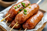 Grilled sausages on wooden skewers with fresh herbs in basket, ready for barbecue party or outdoor cooking event.