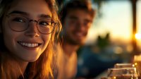 Young woman with glasses and long reddish-brown hair smiling at camera during golden hour sunset, with blurred male companion in background. Warm evening lighting for lifestyle and relationship content.