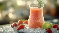 Fresh strawberry smoothie garnished with rosemary sprig in hurricane glass on ice, surrounded by lime slices and whole berries against blurred bokeh background.